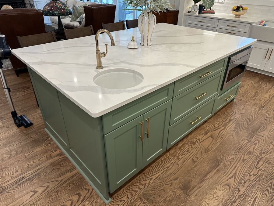 Painted island with concealed microwave drawer